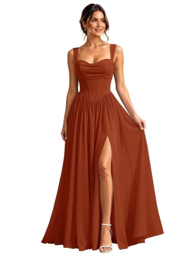 GYHAMP Chiffon Bridesmaid Dresses Long Corset Formal Dress Burnt Orange 8 | Maxi Cowl Neck Long A Line Spaghetti Straps Wedding Guest Dresses for Women with Slit Flowy Backless Evening Party Gowns