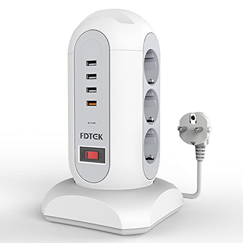 FDTEK Regleta Vertical Enchufes de 9 Tomas Corrientes(2500W 10A) y 4 R�pida USB Tomas, cable alargador de 1,65m, enchufe multiple con protecci�n contra sobrecarga, apta para hogar y oficina