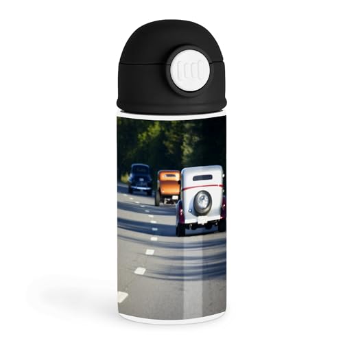3dRose Sentimental Classic Car Lover 12oz Kids Black Bottle – Classic cars driving down a scenic highway – Road Trip, Family Outing