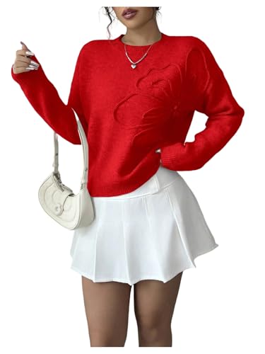 Image of RoseSeek Women's 3D Floral Appliques Crewneck Sweaters Long Sleeve Drop Shoulder Pullovers Elegant Knit Tops