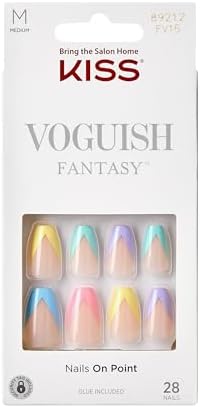KISS Voguish Fantasy, Press On Nails, Nail Glue Included, 'Candies', Multicolor, Medium Size, Coffin Shape, Includes 28 Nails, 2g glue, 1 Manicure Stick, 1 Mini File