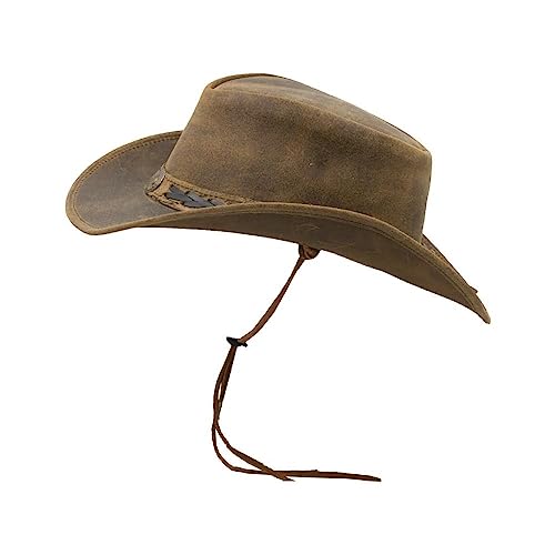 WALKER AND HAWKES - Brown Premium Cowhide Leather Cowboy Hat with String Outback Antique Hat Outdoor Sun Protect Unisex