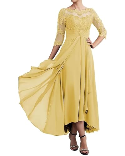 Image of GDJDIFK Tea Length Chiffon Mother of The Bride Dresses - Lace Applique 3 /4 Sleeves Ruched Waist Formal Gown for Wedding Guest Yellow