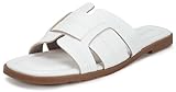 KUKTO Womens Flat Sandals Faux Leather Open Toe Slide Sandals Slip On Casual Summer Banded Slippers Anti-Slip Open Toe White 43 EU=12 US
