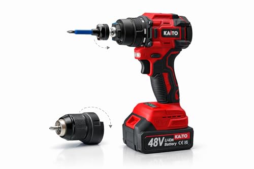 Image of KAITO 48V Cordless Hammer Drill Machine | Brushless Motor | 13MM Metal Removable Chuck | 2000 RPM & 128 Nm Torque | Includes 2 Li-ion Batteries, Charger & 4 Attachments