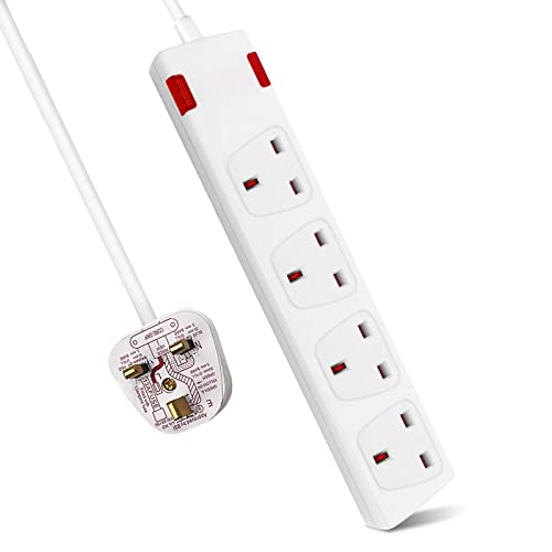 ExtraStar 4 Way Extension Lead 2M in White, 13A Fused Power Strips 3120W UK Plug with Indicator Light, Wall Mounted Mains Extension Cord with Multi Sockets for Home,Office,Dorm