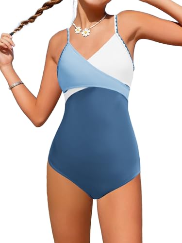 AMAWMW Kids Girls One Piece Swimsuits Contrast Color Cross Bathing Suit Adjustable Straps Girls Swimwear Blue 11-12Y