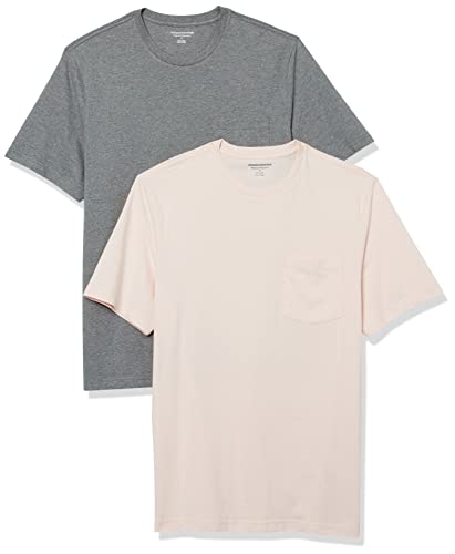 Amazon Essentials Herren Kurzärmeliges T-Shirt mit Rundhalsausschnitt und Tasche, 2er-Pack, Blassrosa/Grau Meliert, S
