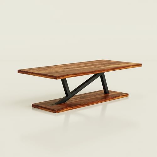 Image of Coffee Table /Centre Table /Tea Table Racktangle Solid Sheesham Wood top with Black Metal Frame, Z - Shape Sofa Table Living Room,Office, Dining,Bedroom, Sofa Side, Home Decor Brown