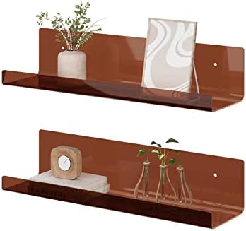 RRG 15 Inch Acrylic Floating Shelves, 2 Pack Kids Floating Bookshelf Wall Mounted Display Shelf for Books, Kids Room, Nursery, Bedroom, Bathroom, Living Room (Brown)