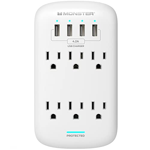 Monster Wall Tap Plug 6-Outlet Extender with Outlet Surge Protector for Home, Travel, Office, Home Appliances, Computers, and Smart Phone Devices – 4 USB Ports, 980J, and ETL Listed