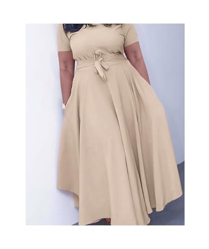 Image of SOMTHRON Women's Casual 3 /4 Sleeve Long Maxi Dress A-Line Flared Solid Wrap Tie Waist Swing Dresses