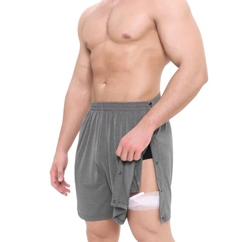 Mens Tear Away Shorts Post Surgery Recovery Pants Adaptive Clothing Both Sides Snap with Pockets for Leg Injures3