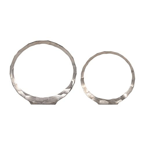 Aluminum Ring Decorative Object – Set of 2 Circular Sculpture Modern Home Decor – Minimalist Shelves & Coffee Table Decor for Office & Living Room – 14" x 17", Silver