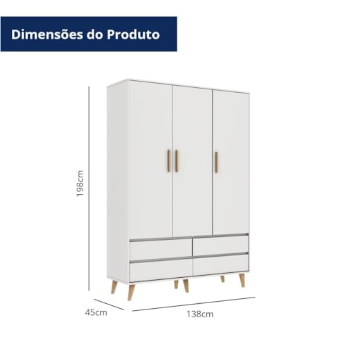 Guarda Roupa Infantil Retrô 3 Portas com Gavetas Lorena Branco Fosco Carolina Baby