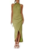 Fisoew Womens Halter Neck Party Dress Sleeveless Slit Textured Backless Slim Fitted Ruched Sexy Midi Cocktail Dresses Olive Green