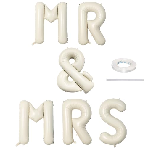 Image of 40 Inch Beige MR & MRS Balloons for Wedding Decor, Large Cream Mr and Mrs Foil Balloon Letter, Ivory White Sand Mr to Mrs Banner Sign for Bride Groom Engagement Couple Sweetheart Party Decorations