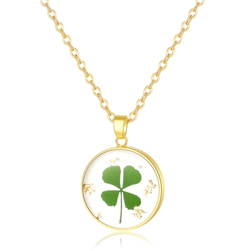 Hefestus Four Leaf Clover Pressed Flower Necklaces for Women,Unique Handmade Design Pendant Necklace,Thoughtful Gift for Christmas /18" (Gold)