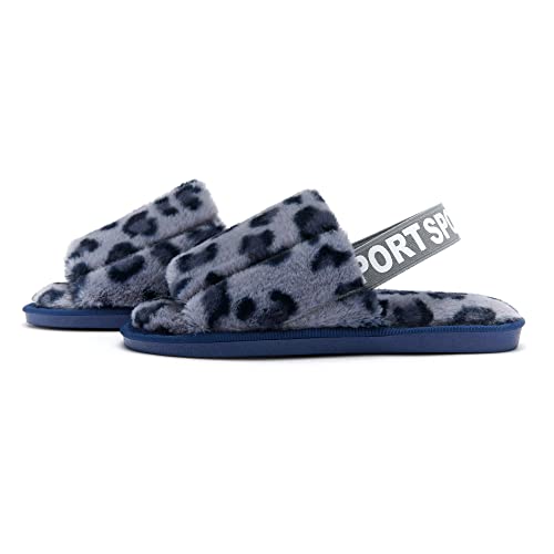 Weytua Women Slippers With Strap Memory Foam Fur Fluffy Fuzzy Indoor Outdoor House Slipper Sandal Open Toe Breathable Warm Comfy Slipper Women Airy Lightweight Slip-On Slide Blue Leopard Size 8.5 9 10 #TOP4