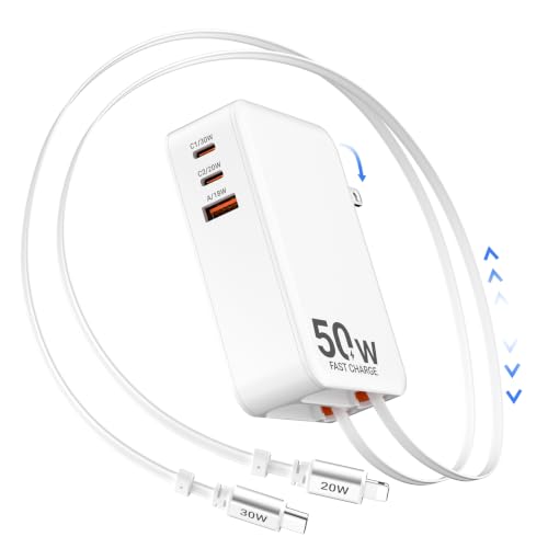 5-in-1 Retractable Wall Charger with Dual Cables 50W Retractable Phone Charger with 3.3FT USB C & Lightening Cables 30W Fast Charging Block Wall Plug for iPhone 17 16 15 14 13 G-alaxy S26 S25 i Pad