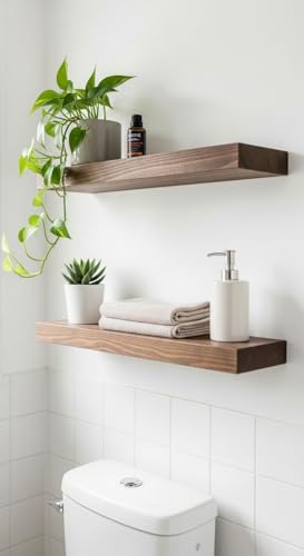 Image of Solid Wood Floating Wall Shelves | Rustic Wooden Display Shelves for Living Room, Bedroom, Kitchen & Bathroom | Heavy Duty Wall Mounted Shelves (20 Inches, 2 Shelves)