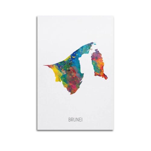 Affiches murales décoratives sur toile, carte de Brunei, carte aquarelle de Brunei, affiches murales modernes pour chambre à coucher (50 x 75 cm)