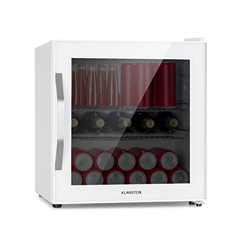 KLARSTEIN Nevera Pequeña Puerta Cristal Habitaciones, Nevera Portatil Electrica, Mini Nevera Pequeña para Bebidas, Frigorificos Pequeños 47L, Mini Frigorifico con Estantes, Neveras Pequeñas