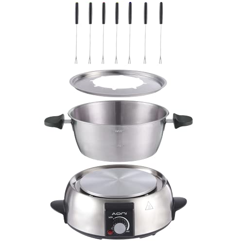 Foto von AONI Fondue für 8 Personen, elektrisches Fondue mit Edelstahl, 2L, Temperaturregulierung, 8 farbcodierte Gabeln und abnehmbarer Topf, 800W, Geeignet für Käse, Schokolade, Sauce