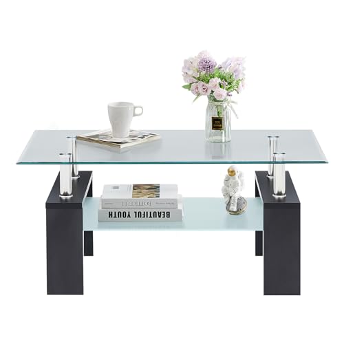 Table basse verre trempé 2 niveaux noir - TUKAILAi
