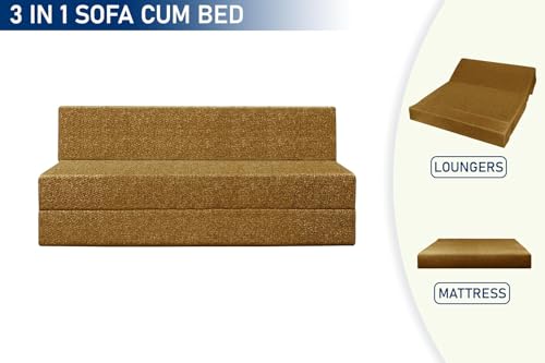 Image of DIVISHA HOMES Foldable 3 Seater Sofa Cum Bed, Sofa Bed 5 X 6 Feet, Jute Fabric- Washable Cover- Including Three Cushion Perfect for Home & Office - Golden Color