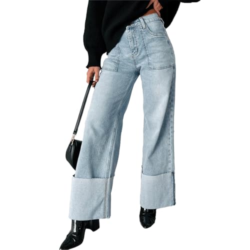 Women Cuffed Jeans with Front Patch Pockets Wide Leg High Waist Denim Pants Light Wash Casual Trousers