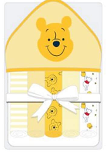 Disney Baby Winnie The Pooh Hooded Towel with 5 Piece Washcloth Set, Honey Collector Print, GS71798