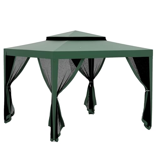 Outsunny Carpa de Jardín 3x3 m Cenador Desmontable de Exterior Gazebo con 4 Mosquiteras Laterales Techo Doble y Marco Metálico Anti-UV Impermeable Pabellón para Terraza Patio Verde