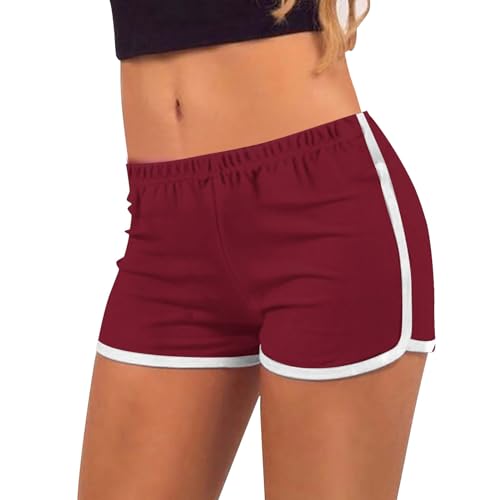 CreoQIJI Pantalones cortos para mujer, pantalones cortos casuales de color sólido, pantalones cortos deportivos, pantalones cortos de yoga, pantalones cortos activos para hombre, rojo, S