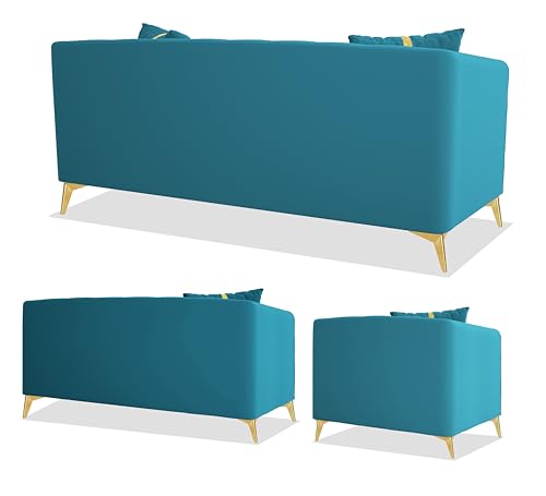 Image of Adorn India Premium Mystic - 3 Years Warranty - 3+2+1 Sofa Set Velvet Suede Fabric - Aqua Blue