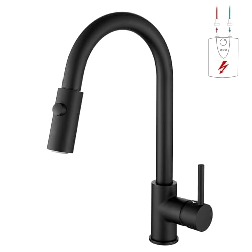 Zynuhmo Robinet de cuisine basse pression extensible noir - Robinet de cuisine rotatif à 360° - Avec 3 raccords pour chauffe-eau - Robinet de cuisine à arc haut avec douchette 2 modes - En acier