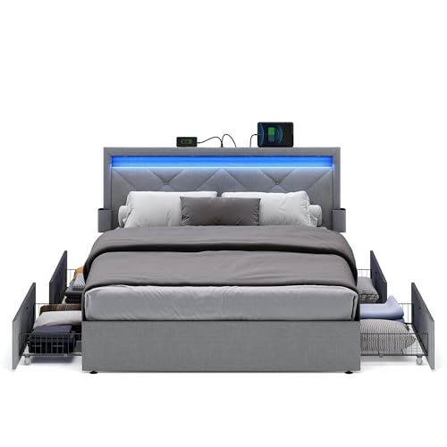 VASAGLE LED Bed Frame Queen Size, Queen Bed with Headboard and 4 Drawers, 1 USB Port and 1 Type C Port, Adjustable Upholstered Headboard 36.7/39.3 Inches, No Box Spring Needed, Light Gray UR