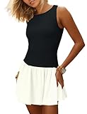 Ymejia Women's Flowy Mini Tank Dress Sleeveless Boat Neck Solid Slim Fit Puffy Beach Short Summer Dresses Black White, Medium