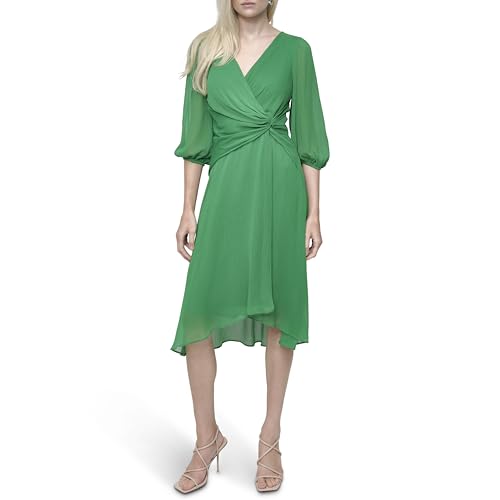 Image of DKNY Women's 3 /4 Balloon Sleeve Twist Front Chiffon Midi Dress