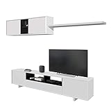 Las medidas del mueble de comedor son: módulo bajo: 200 cm (ancho) x 41 cm (fondo) x 46 cm (alto). Módulo alto: 104,8 cm (ancho) x 28,8 cm (fondo) x 34,7 cm (alto). Estante: 95,2 cm (ancho) x 21 cm (fondo) x 3 cm (alto). Tanto el modulo superior como el inferior disponen de una gran capacidad de almacenaje para albergar todo aquello que necesites guardar, en el estante superior podrás colocar objetos de decoración.