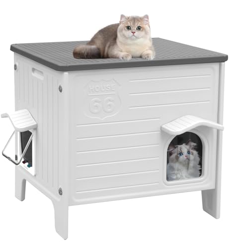 CSQOO Plastic Outdoor Cat House, 100% Weatherproof Feral Cat Shelter