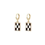Rectangle Checker Small Hoop Dangle Drop Earrings for Women Dainty Trendy 14K Gold Plated Cute Charm Huggie Hoops Hypoallergenic Hooped Fashion Jewelry Gift