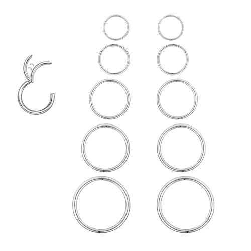 Surgical Steel Septum Rings Hinged Clicker earring hoops Segment Silver/Gold 5Pair/10PCS 16G/18G Nose Ring Lip Ring Hoop Earrings Sleeper Cartilage Daith Piercing Jewelry 6mm 8mm 10mm 12mm 14mm set for Women/Men