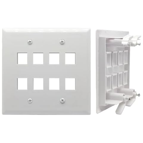 DIYTECH Keystone Wall Plate, 2 Gang Keystone Wall Plate, 8 Port Keystone Jack Wall Plate, Supports Keystone Jack or Modular Inserts, In Wall Patch Panel, w/Mounting Bracket - White Cover