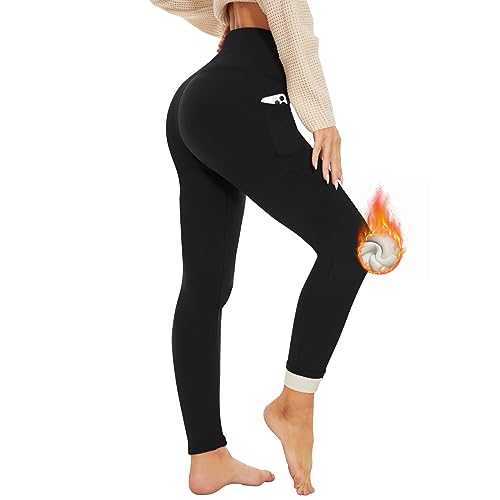 AMIYOYO Fleece Lined Leggings Women Thick Fur Thermal Leggings Winter Warm Black Soft High Waisted Tights Tummy Control Gym Yoga Fitness Stretchy Pants Trousers