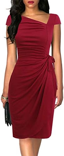 Liyinxi Classic Cap Sleeves Irregular Neck Sheath Bodycon Knee Length Summer Slim Semi Formal Party Burgundy Wrap Dress (S, 8022-Burgundy)