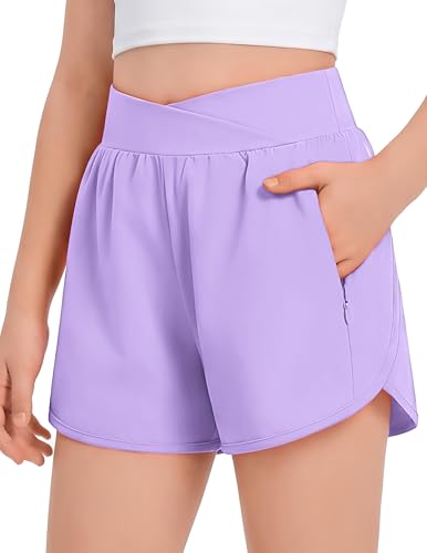 Girls Athletic Shorts Crossover High Waisted Running Shorts with Liner