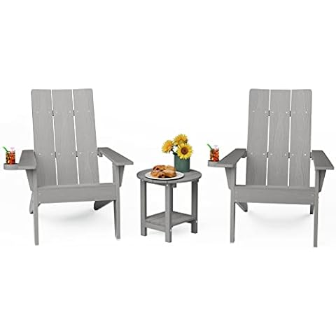 MXIMU 3-Piece Oversize Modern Adirondack Chair and Table Set, Fire Pit Seating, Foldable Outdoor Lounger Armchair, Lawn Chairs Furniture for Beach Poolside Balcony Patio Grey Cover