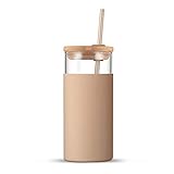 tronco 20oz Glass Tumbler Glass Water Bottle Straw Silicone Protective Sleeve Bamboo Lid - BPA Free (Amber)