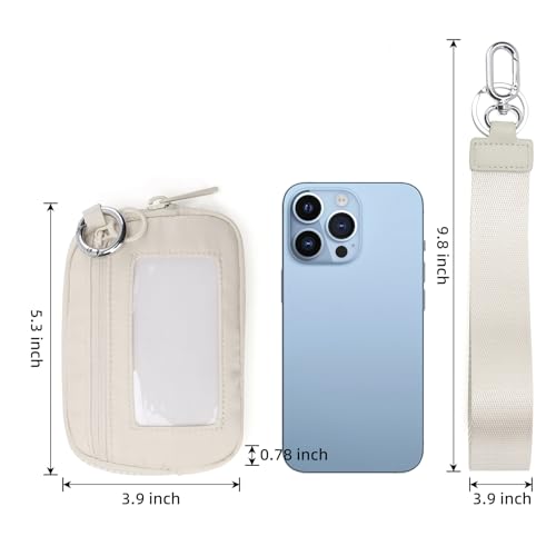 Image of The Iris Wallet Zipper Mini Coin Purse Keychain ID Holder Wallet | Zip Card Case with ID Window Purses for Women Mini Portable Keychain Wallet,Beige with Lanyard